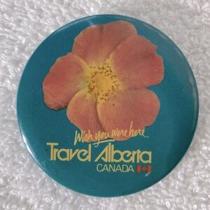 5/$35 Vintage Blue W Pink Wild Rose Travel Alberta Canada Souvenir Pin Button